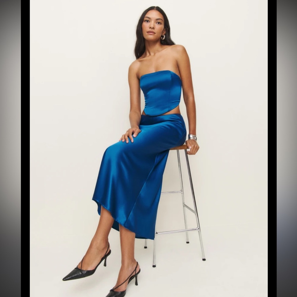 Reformation Zia satin two piece skirt corset top set